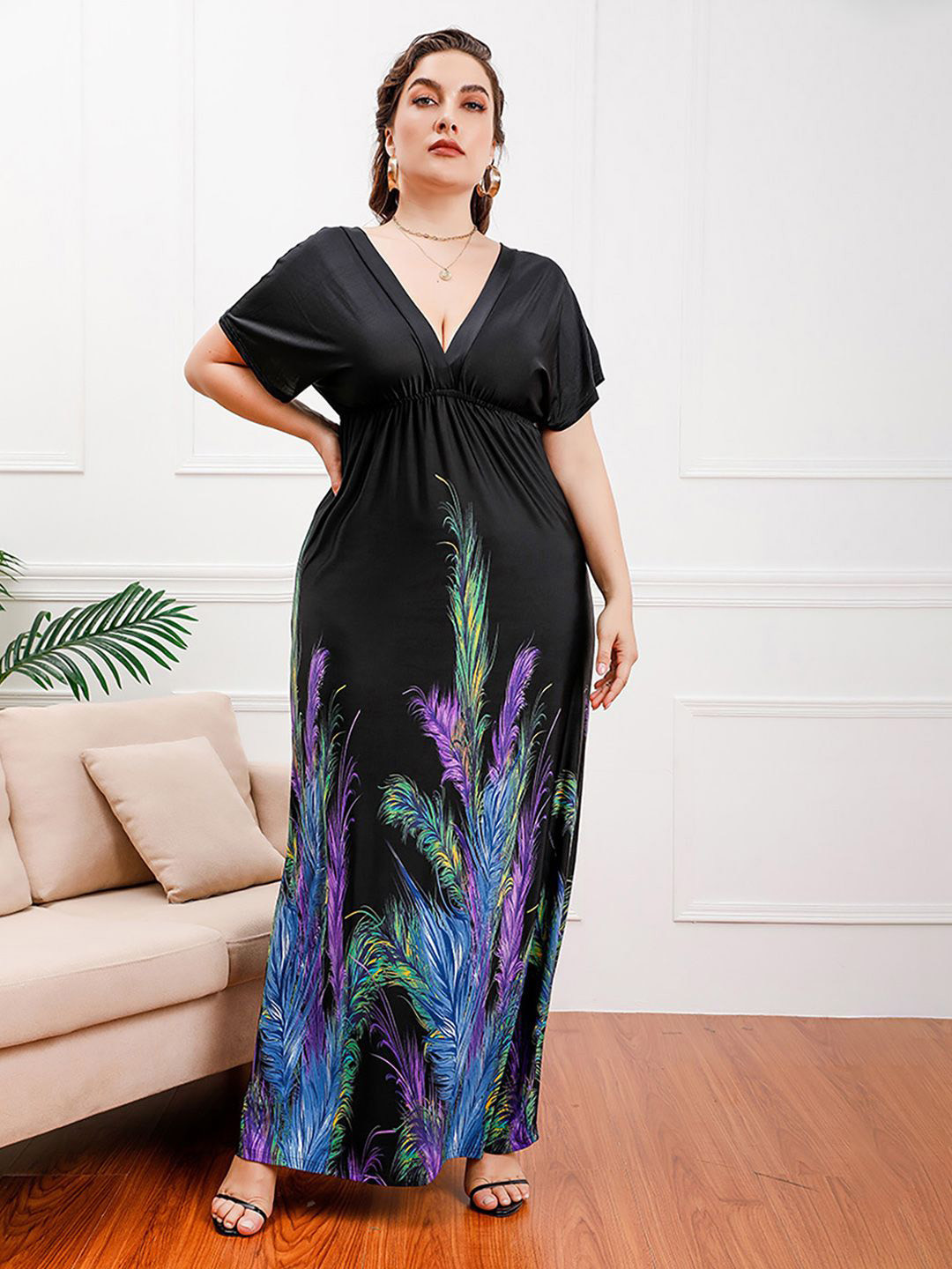 JC Mode Women Printed V-Neck Short Sleeves Maxi Dress