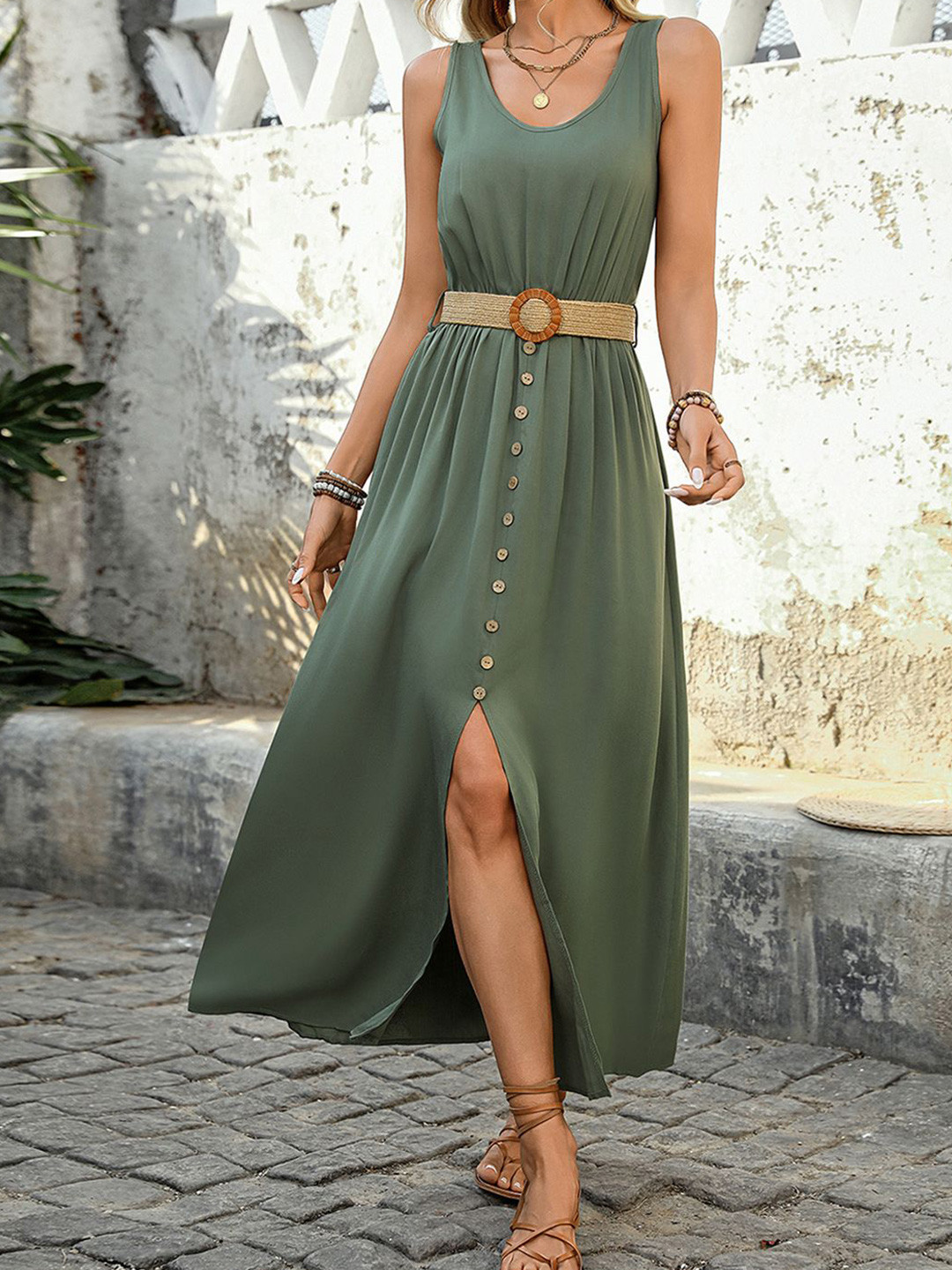 JC Mode Women Sleeveless Front Slits With Belt Maxi Dress