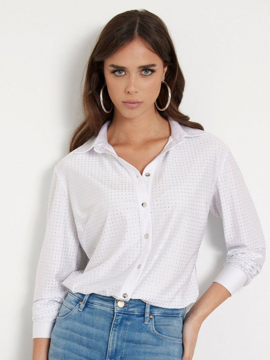 GUESS Women Regular Fit Self Design Spread Collar Shirt