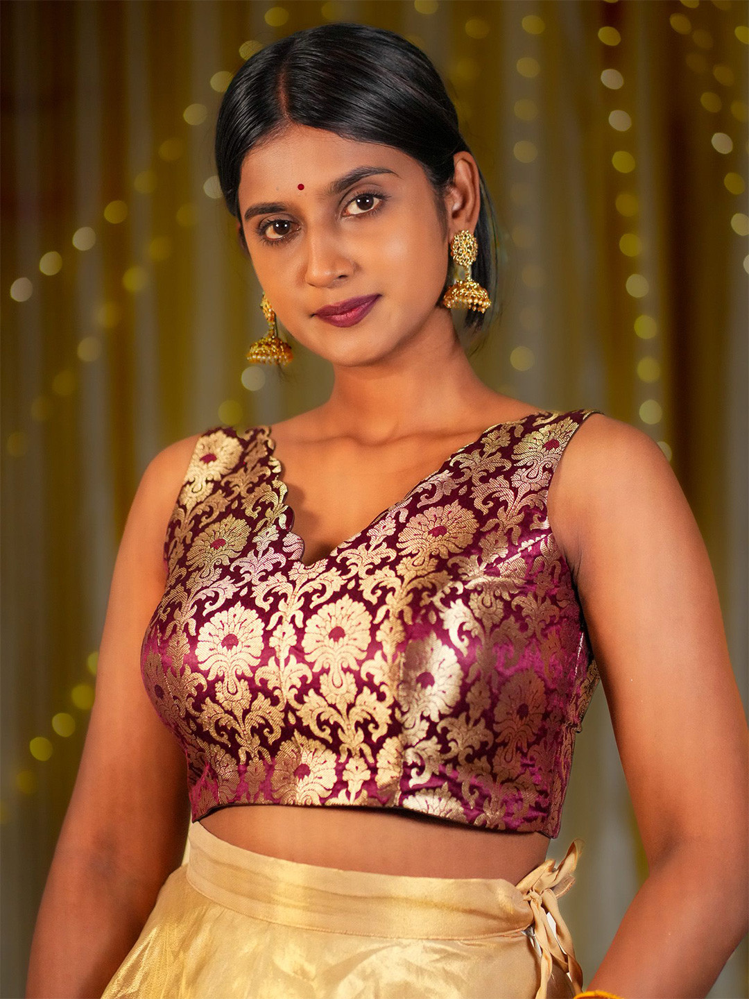 I LOVE SAREES Dark Maroon Scallop V-Neck Banarasi Sleeveless Blouse