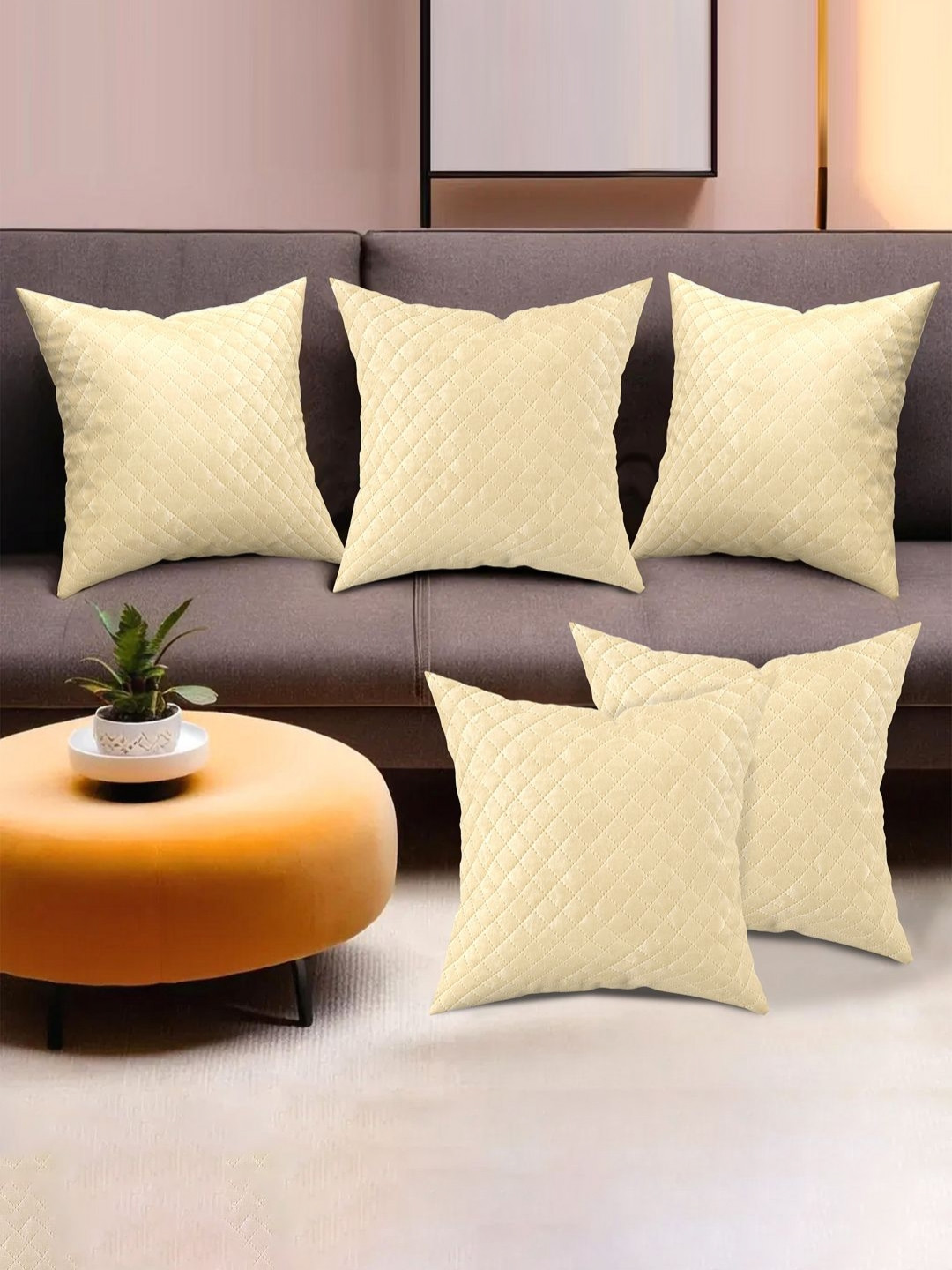 Aura Cream Geometric Velvet Quilted 5 Piece Textured Square Cushion Covers -16x16In