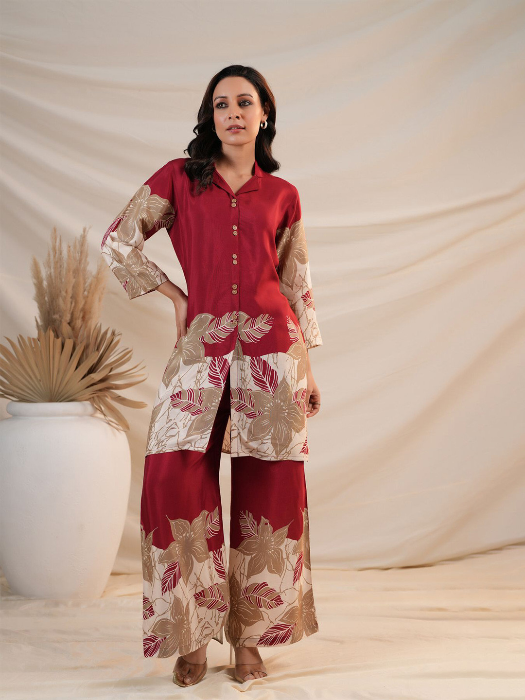 JISORA Women's Maroon Printed Russian Silk Co-Ord Set