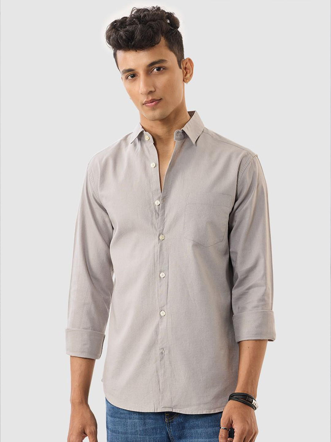 Snitch Men Ash Grey Solid Shirt