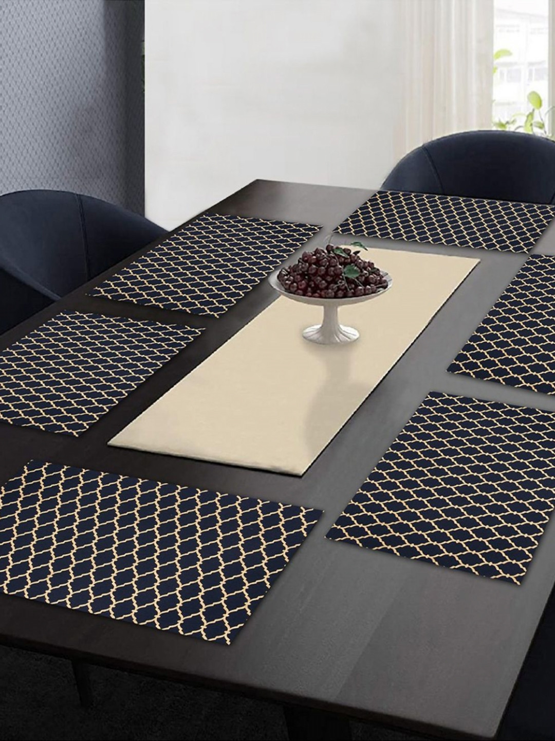 Ratan Cart Navy Blue & Beige 6 Pcs Ethnic Motifs Printed Cotton Rectangle Table Placemats