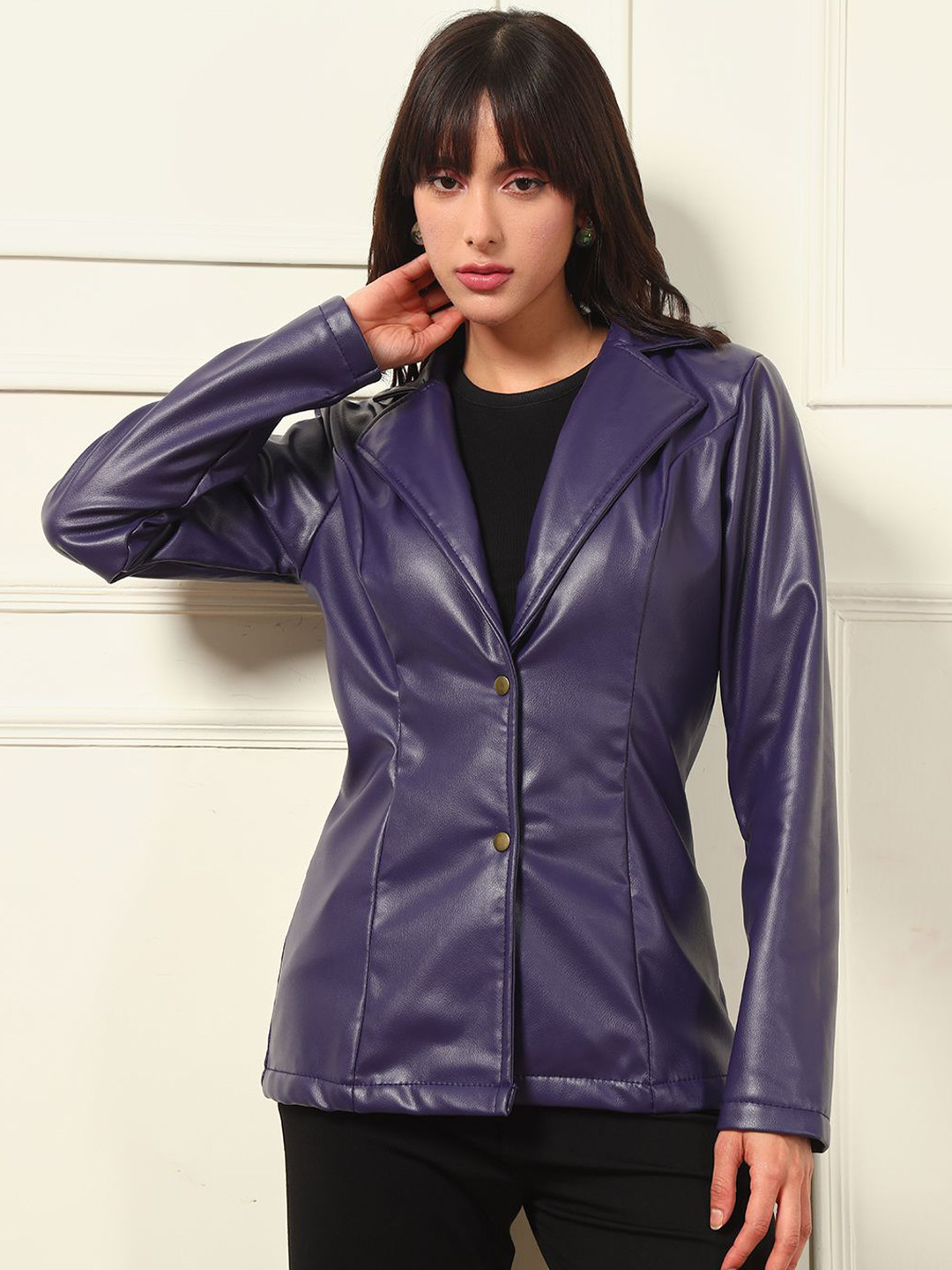 TANDUL Women Purple Slim Fit Notched Lapel Neck Single-Breasted Overcoat