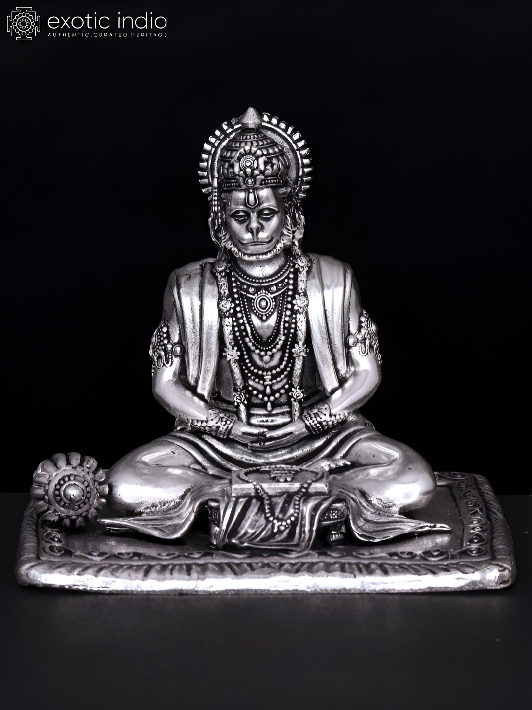 Exotic India Shri Ram Bhakt Hanuman Silver Brass Metallic Prayer Room Medium Showpiece - 4.2 Inches