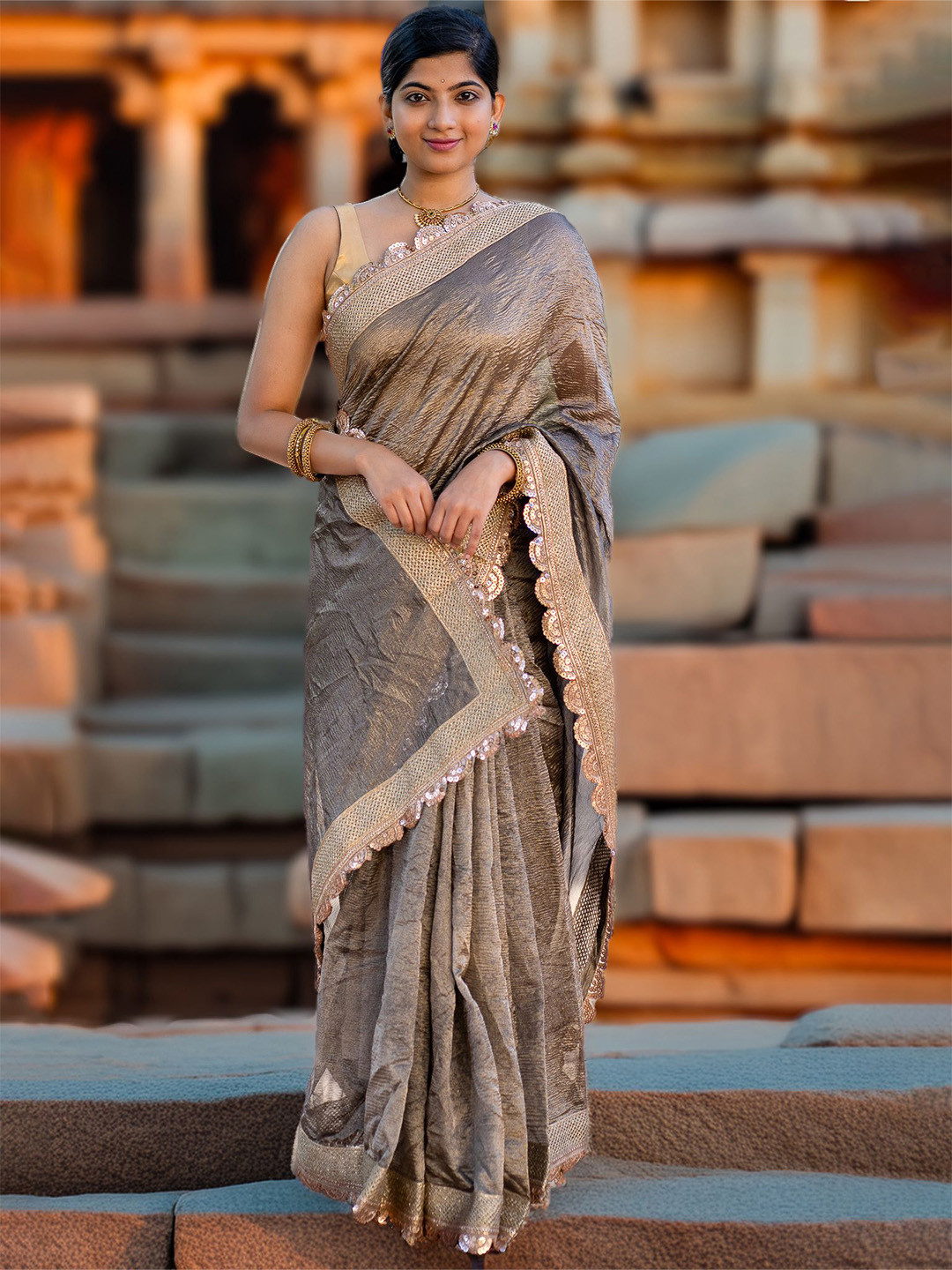 I LOVE SAREES Black Crushed Tissue Banarasi Lace Border Saree