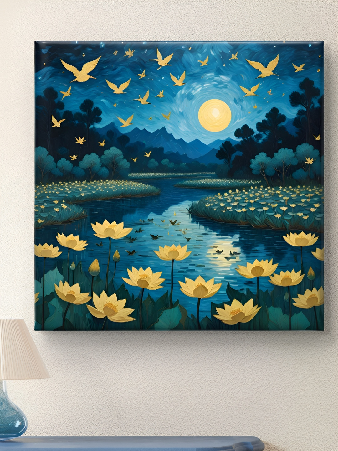 Myntra Elegant Homes Black & Blue Moon and Flying Birds Canvas Wall Art