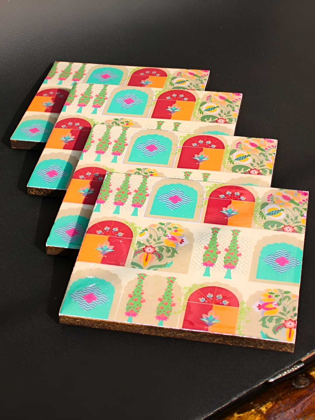 Ekaura 4 Pieces Beige & Blue Mehrab Printed Wooden Coasters.