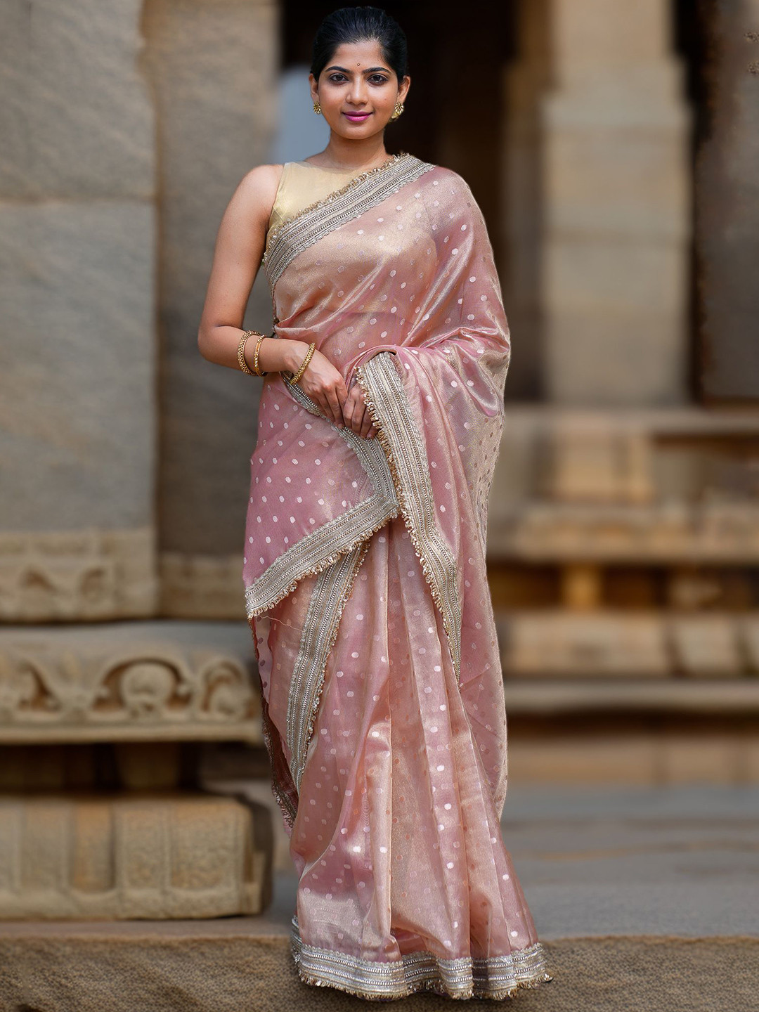 I LOVE SAREES Women  Rose Tissue Banarasi Saree with Sequin Lace Border