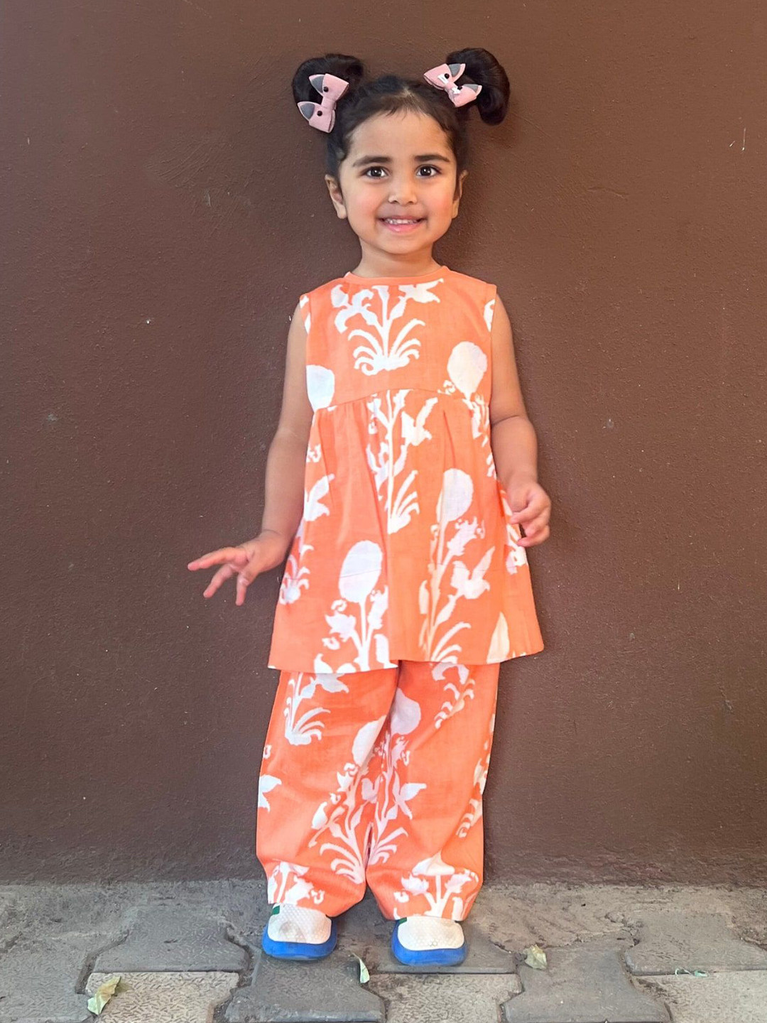 Mamma's Bear Girls Floral Printed Round Neck Pure Cotton Tunic With Palazzo