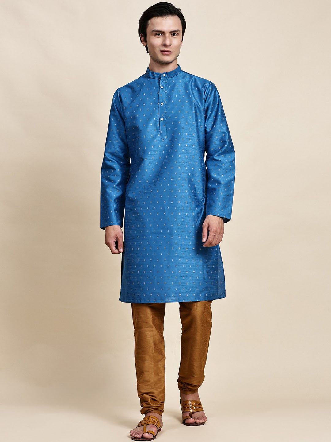 Moda Rapido Floral Woven Design Band Collar Art Silk Straight Kurta With Churidar