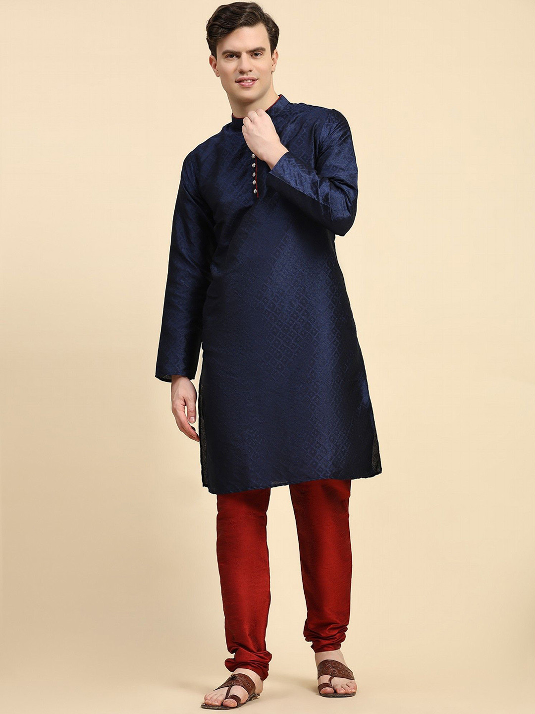 Moda Rapido Geometric Woven Design Mandarin Collar Jacquard Silk Kurta With Churidar