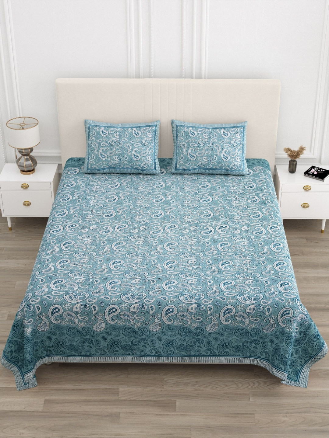 TrueYarns Vedda White Paisley Pure Cotton 210 TC King Fine Bedsheet with 2 Pillow Covers-228.6 x 274.32 cm