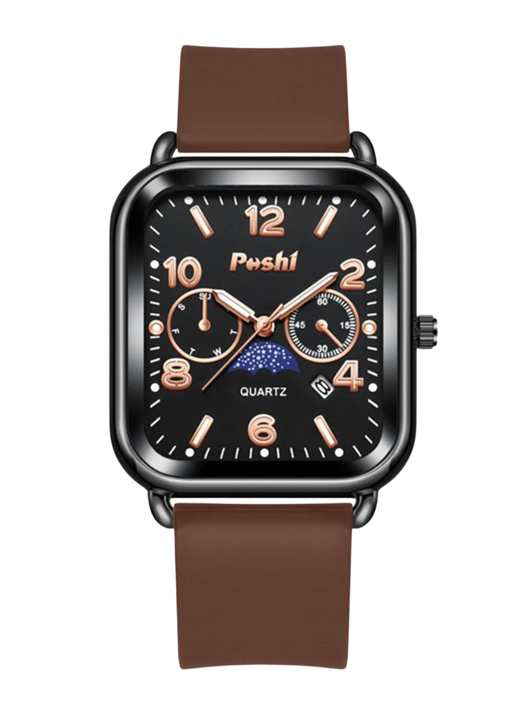 Poshi Women Square Moon Phase Silicone Strap Watch