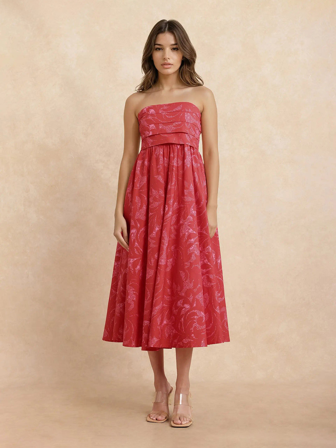 RAREISM Women Strapless Print Bandeau Midi Dress