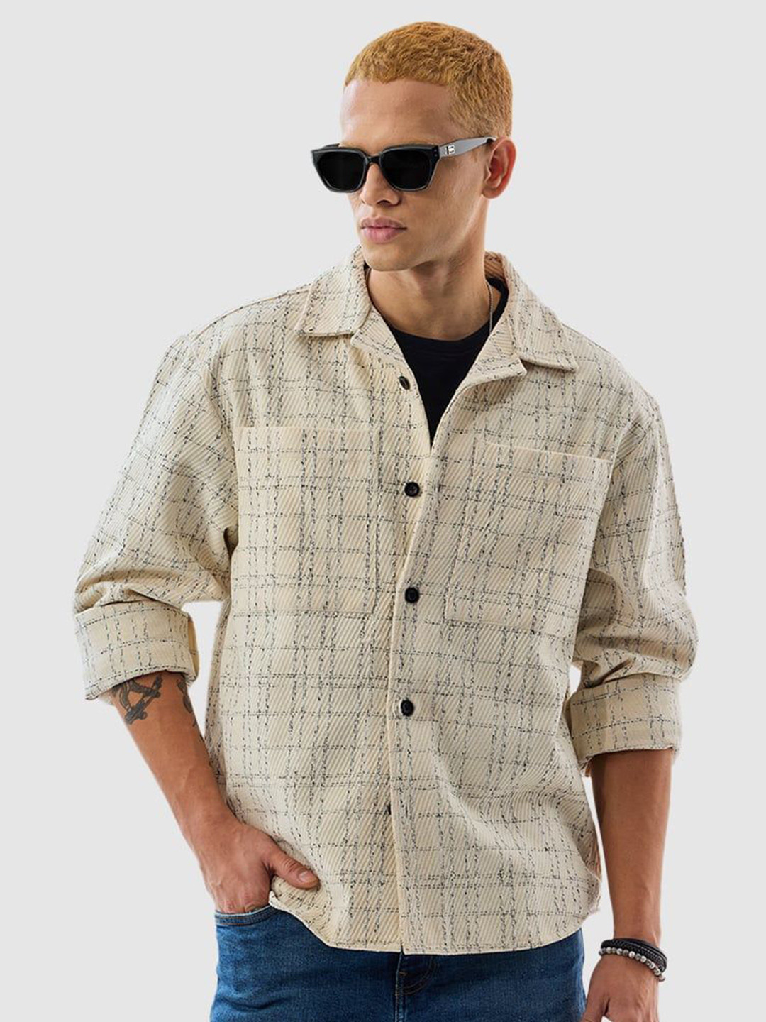 Snitch Men Cream Checks Relaxed Fit Overshirt