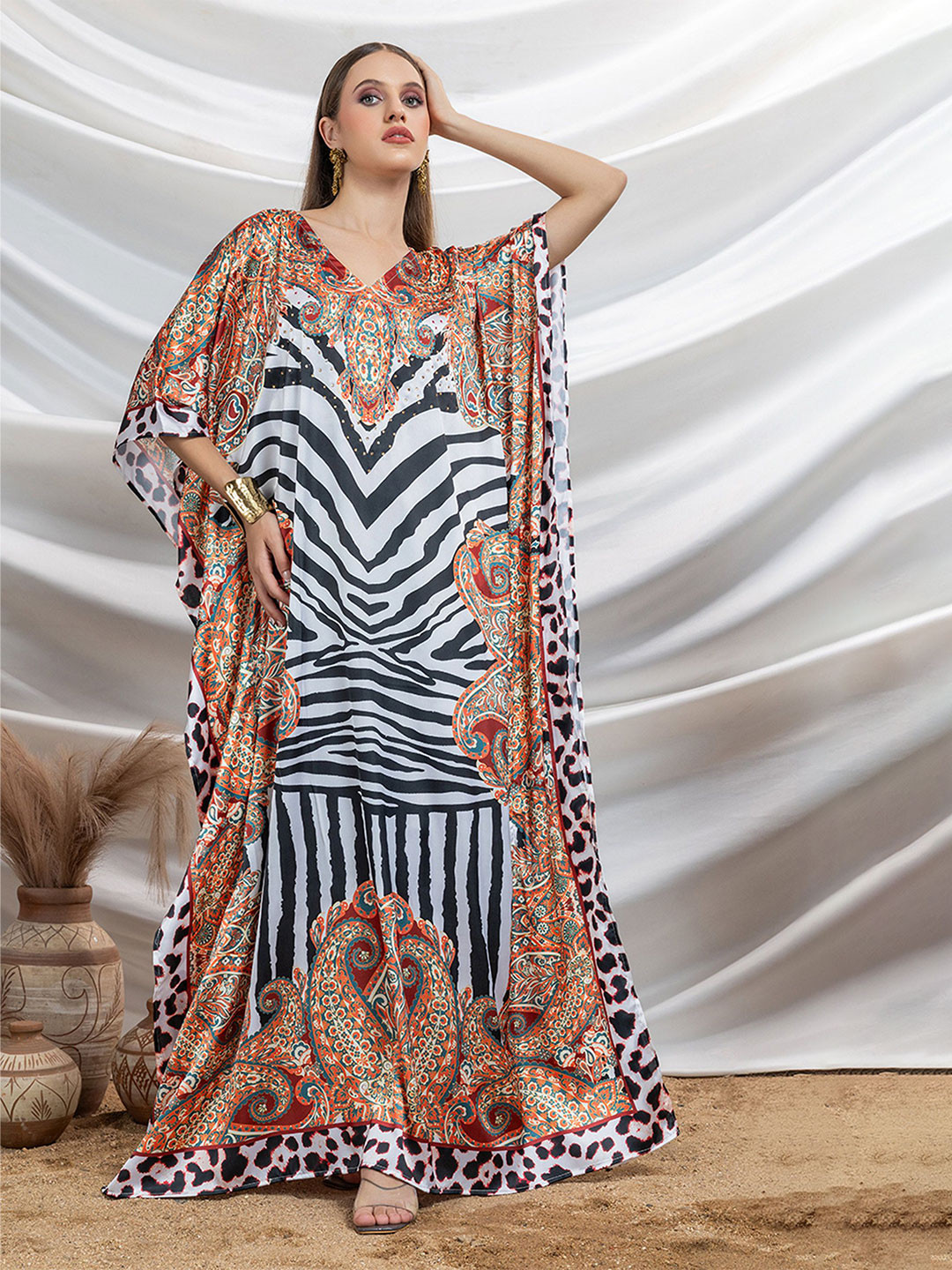 LABEL AARNA Striped Spirit Soft Satin Women Kaftan with Rhinestones