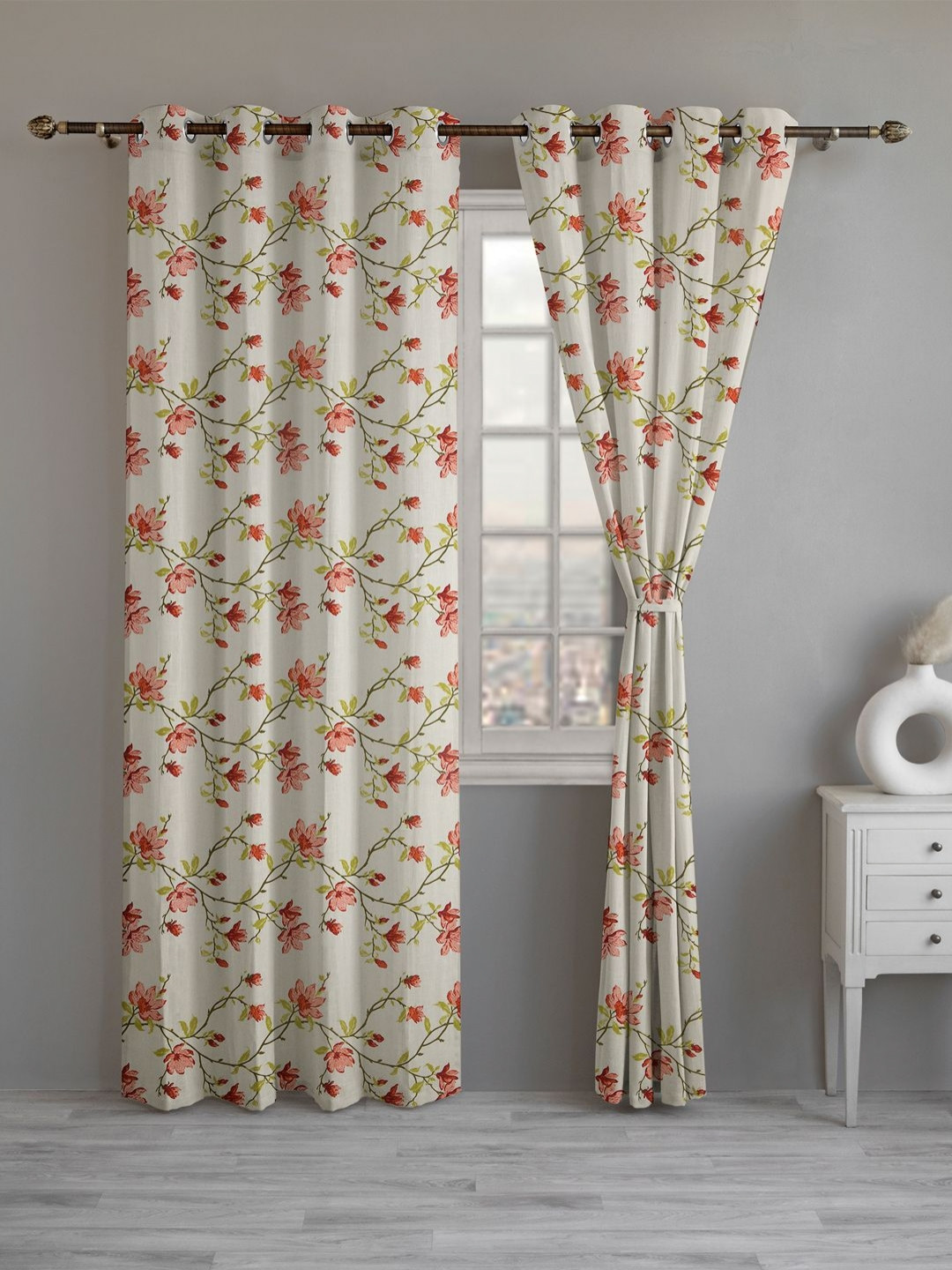 LINENWALAS Happy Sleeping Semi Sheer Curtains White & Pink 2 Pieces Cotton Window Curtain