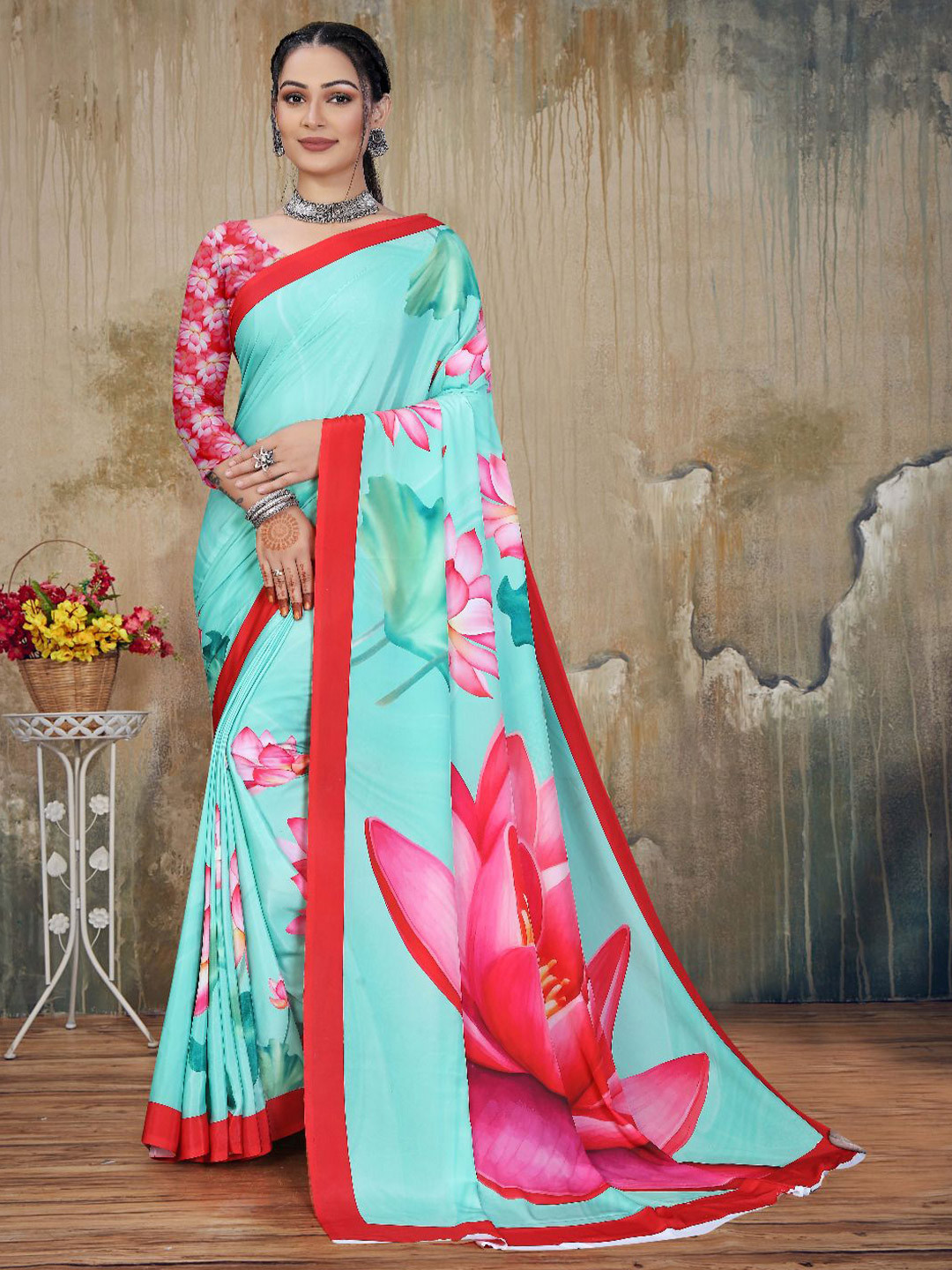 P D Silk Mills Lotus B Floral Printed Pure Georgette Saree