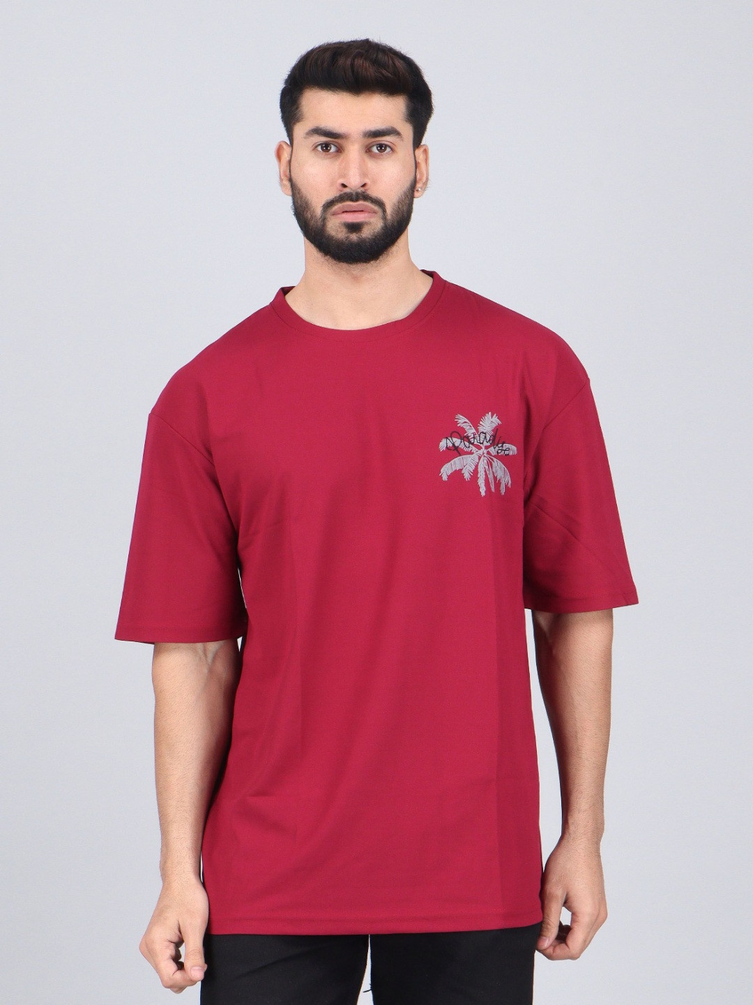 WILD ELEPHANT Men Maroon Graphic Oversized T-shirt