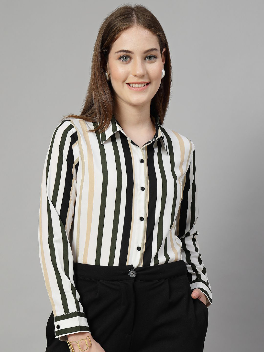 Style Quotient Women Vertical Stripe Printed Smart Regular Fit Opaque Formal Shirt