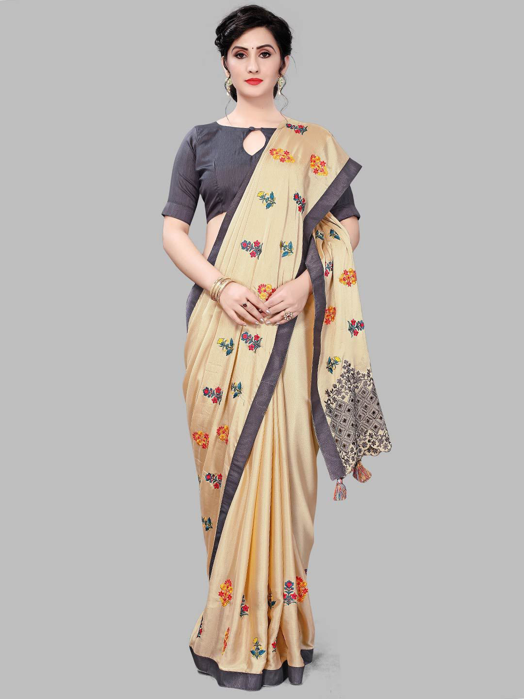 DIVASTRI Ethnic Motifs Embroidered Satin Biege  Saree