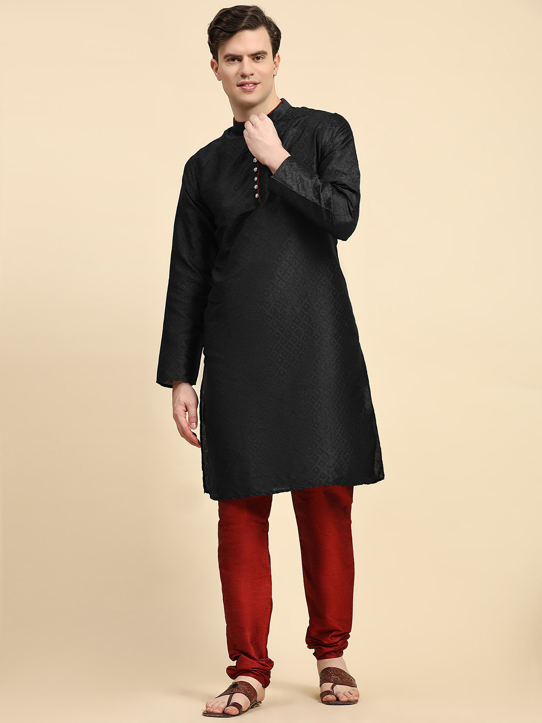 Moda Rapido Geometric Woven Design Mandarin Collar Jacquard Silk Kurta With Churidar