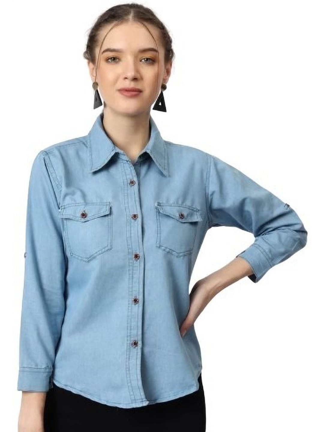 GIRLS WITH WINGS Women Long Sleeves Denim Shirt