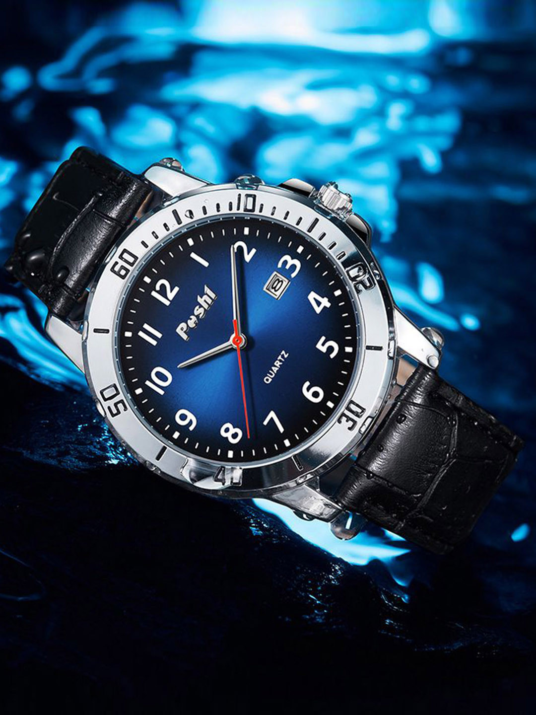 Poshi Men Leather Strap Round Dial Waterproof Watch