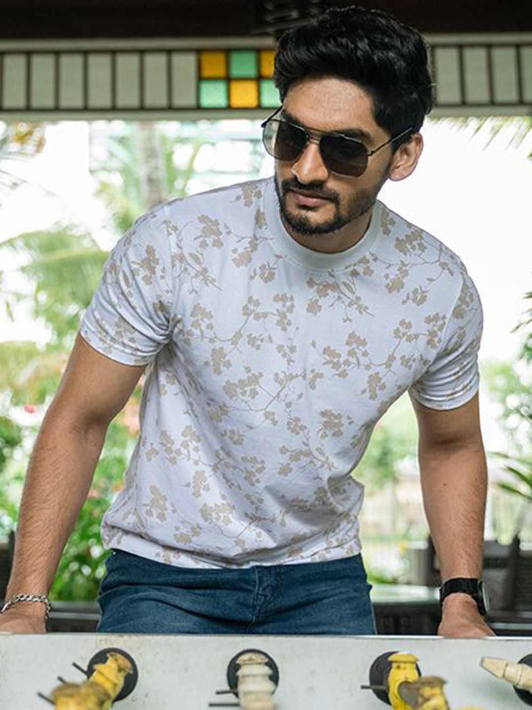 KEITH KARTER Men Printed Henley Neck Extended Sleeves Raw Edge Slim Fit T-shirt