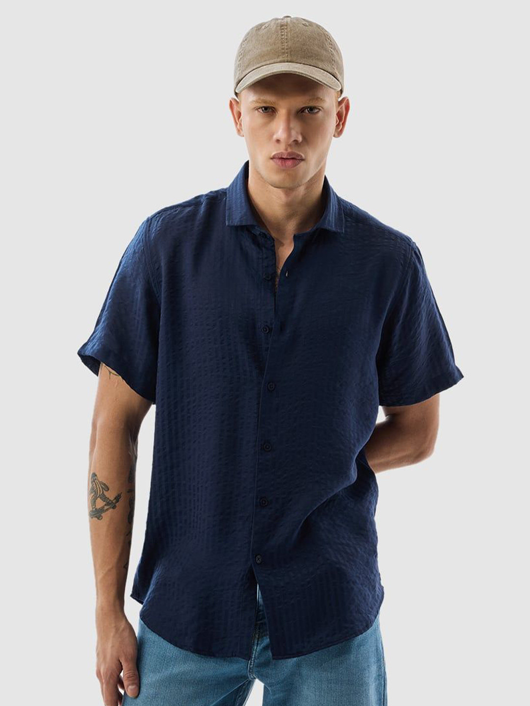 Snitch Men Dark Blue Stripes Regular Fit Shirt