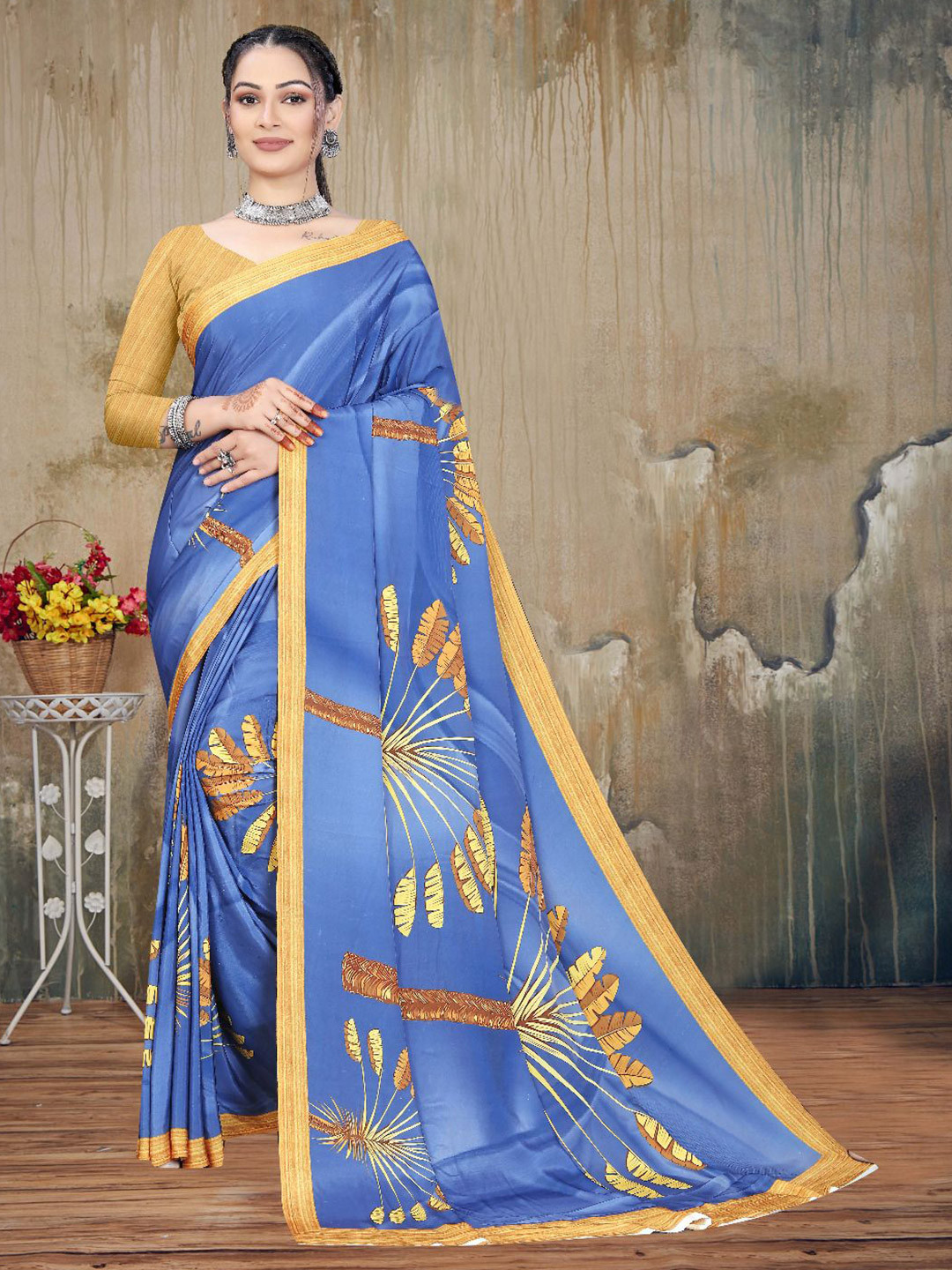 P D Silk Mills Floral Beads and Stones Pure Georgette Saree