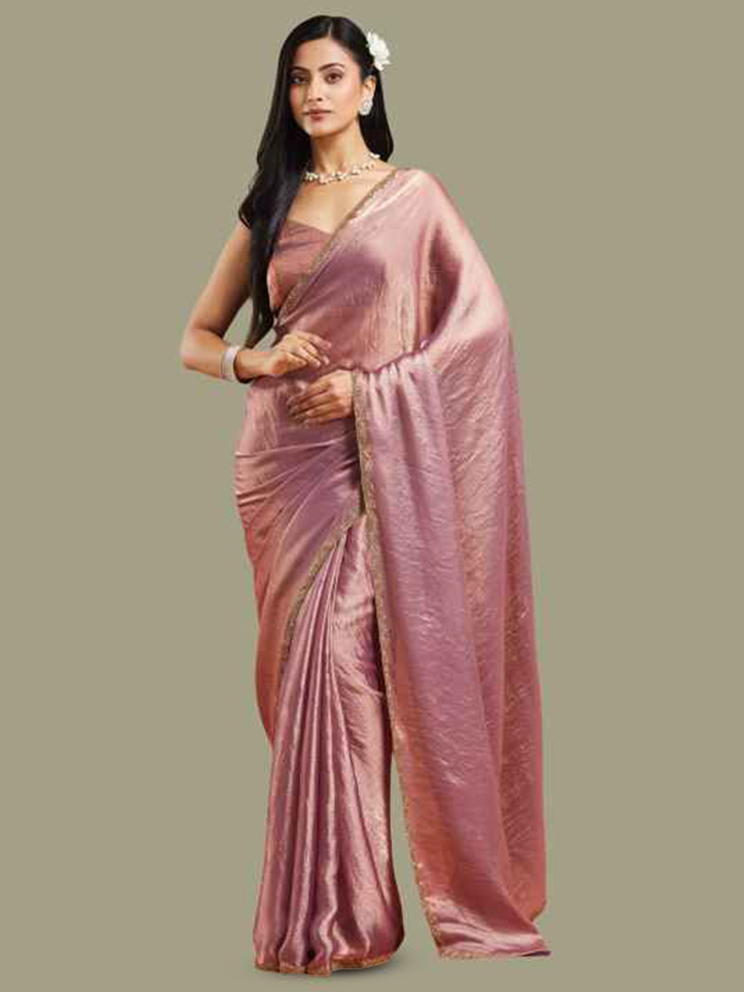 LOROFY Beads and Stones Embellished Border Two Tone Saree