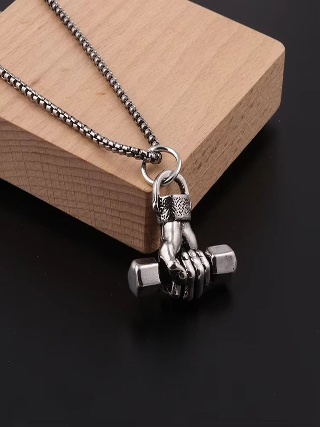 UNIVERSITY TRENDZ Men Silver-Plated Hip Hop Fitness Gym Dumbbell Oxidised Pendant & Chain