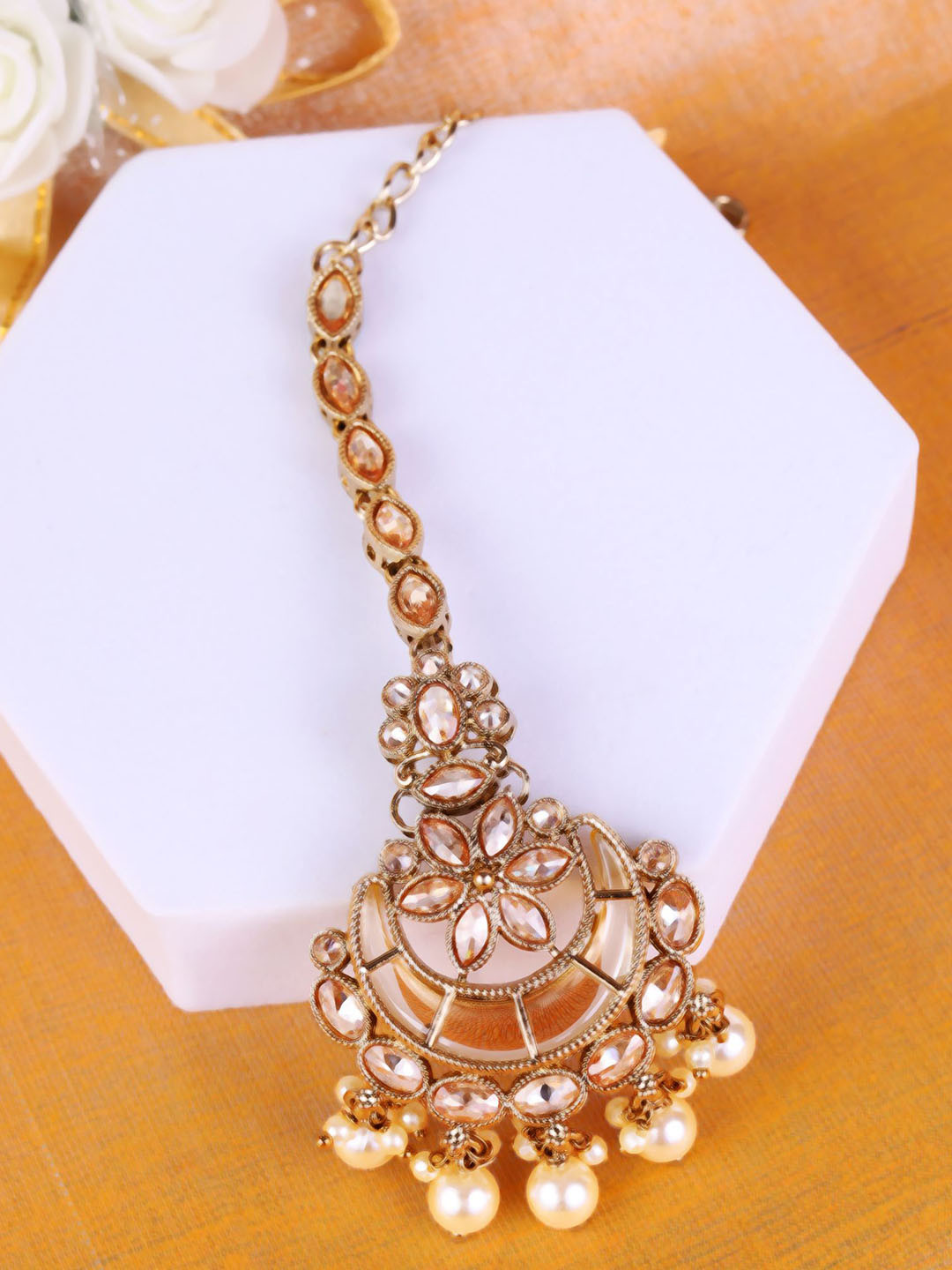 SALONI FASHION JEWELLERY Gold-Plated Crystals Studded Maang Tikka Head Jewellery