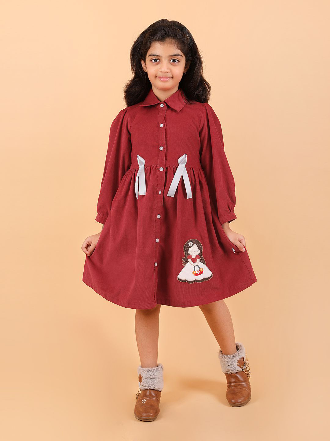 BAESD Girls Graphic Printed Shirt Collar Puff Sleeve Fit & Flare Dress with Bow
