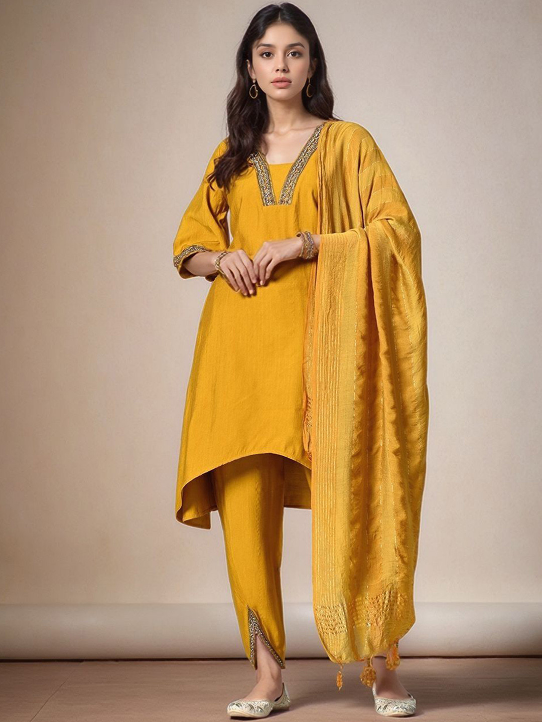 HERE&NOW Floral Yoke Design Square Neck Kurta With Dhoti Pants & Dupatta