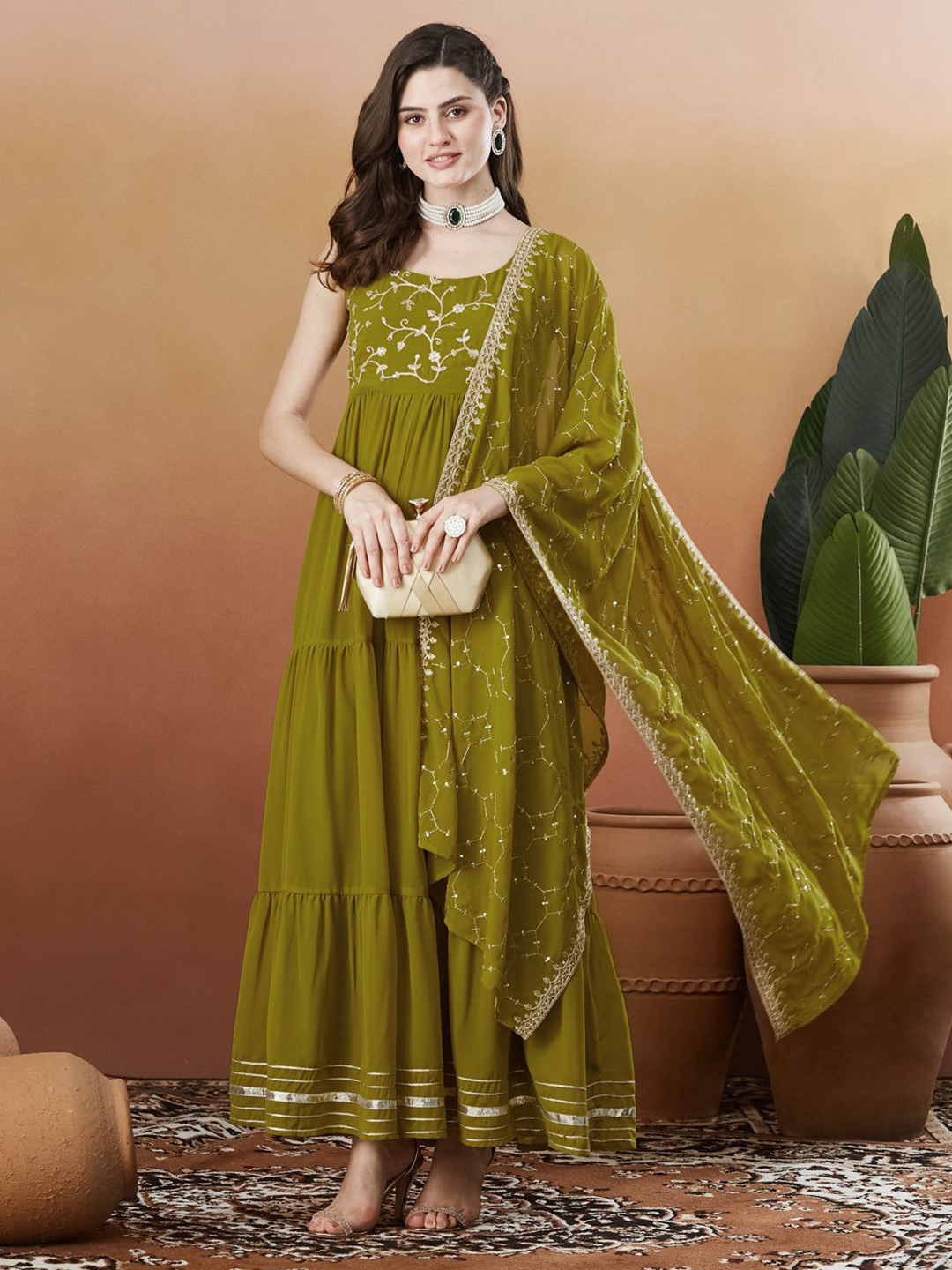 MOKOSH Embroidered Thread Work Georgette Anarkali Kurta With Dupatta