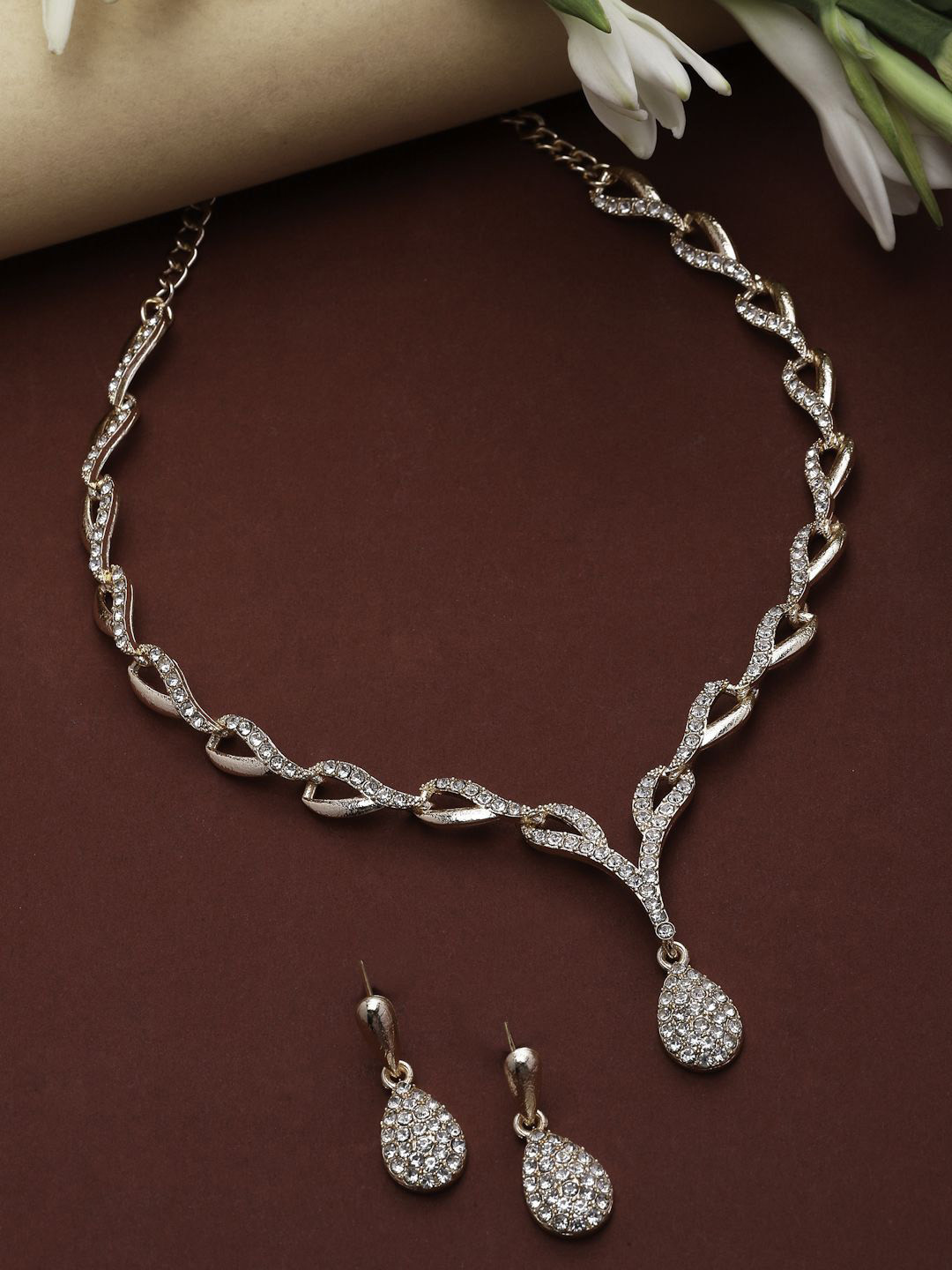ZENEME Rose Gold-Plated Cubic Zirconia Studded Contemporary Jewellery Set