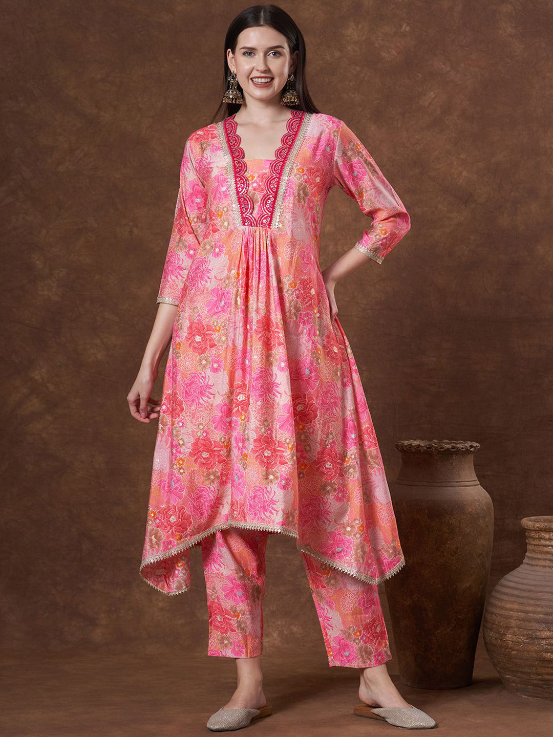 FASHOR Printed Square Neck A-Line Kurta & Trouser Co-Ord Set