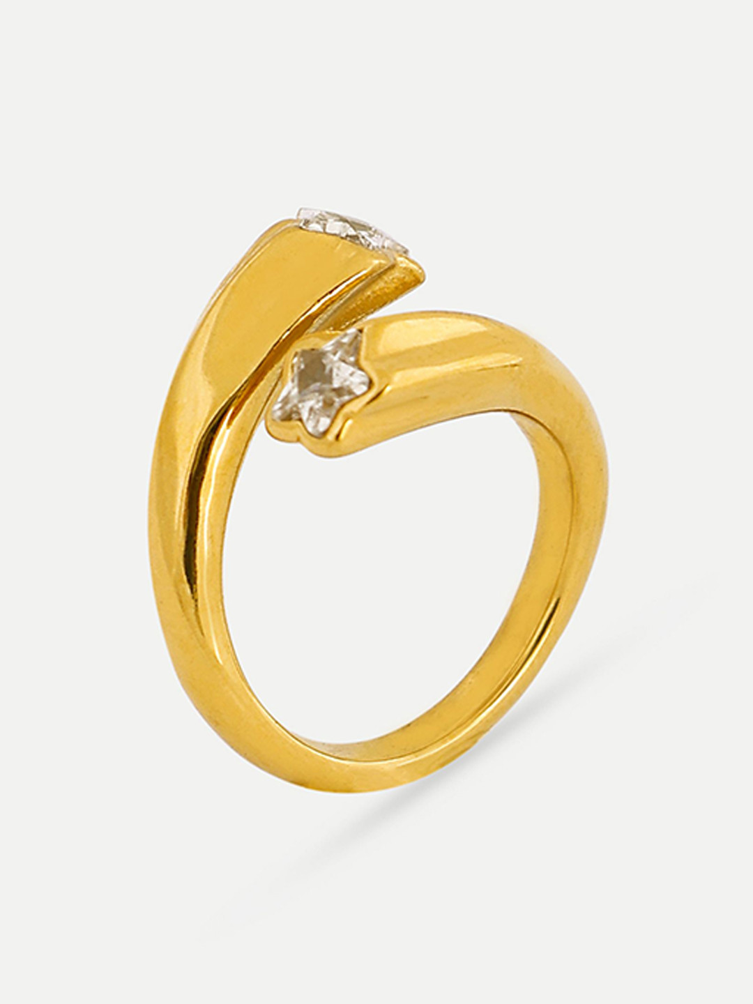 OUZEL 18KT Gold-Plated Stainless Steel Cubic Zirconia Studded Two Stars Open Finger Ring