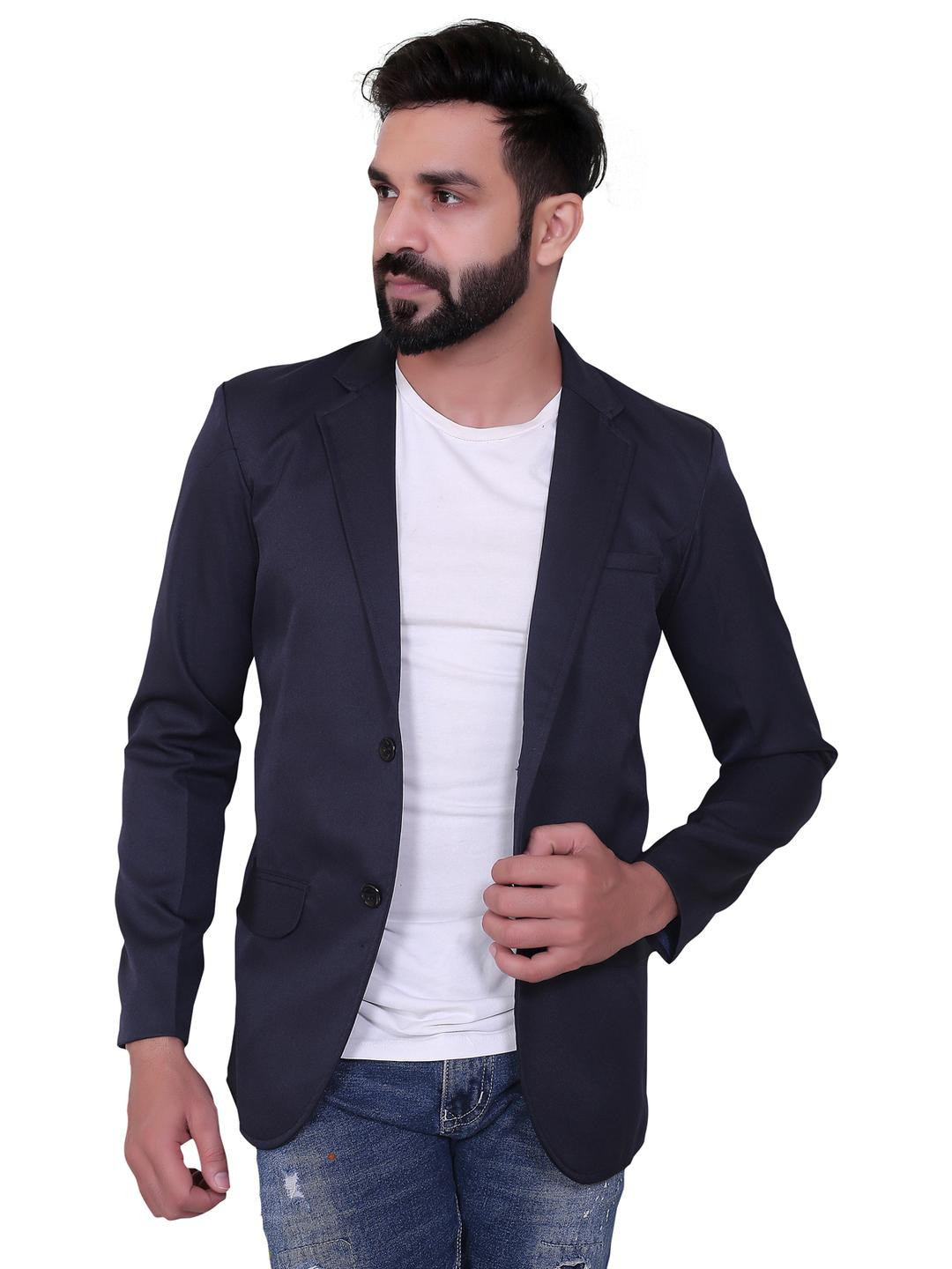 Ancestra Men Navy Blue Solid Regular-Fit Single-Breasted Blazer