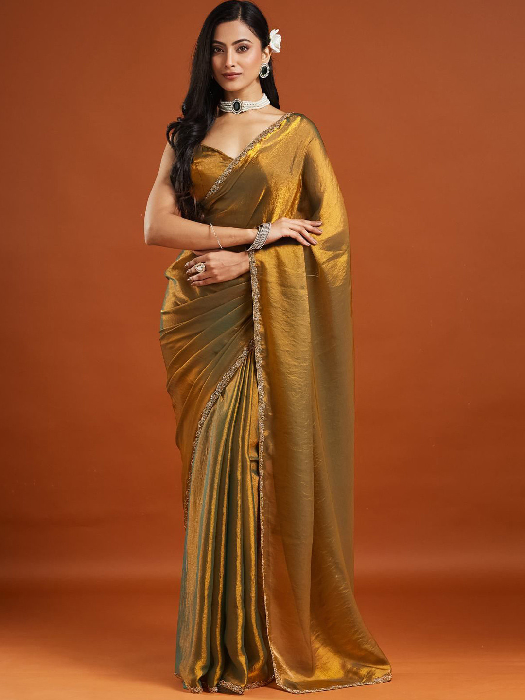 LOROFY Beads and Stones Embroidered Border Mysore Silk Saree