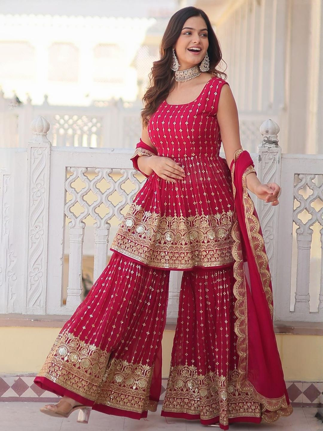 dearthank Women Pink Silk Georgette Kurta Sets