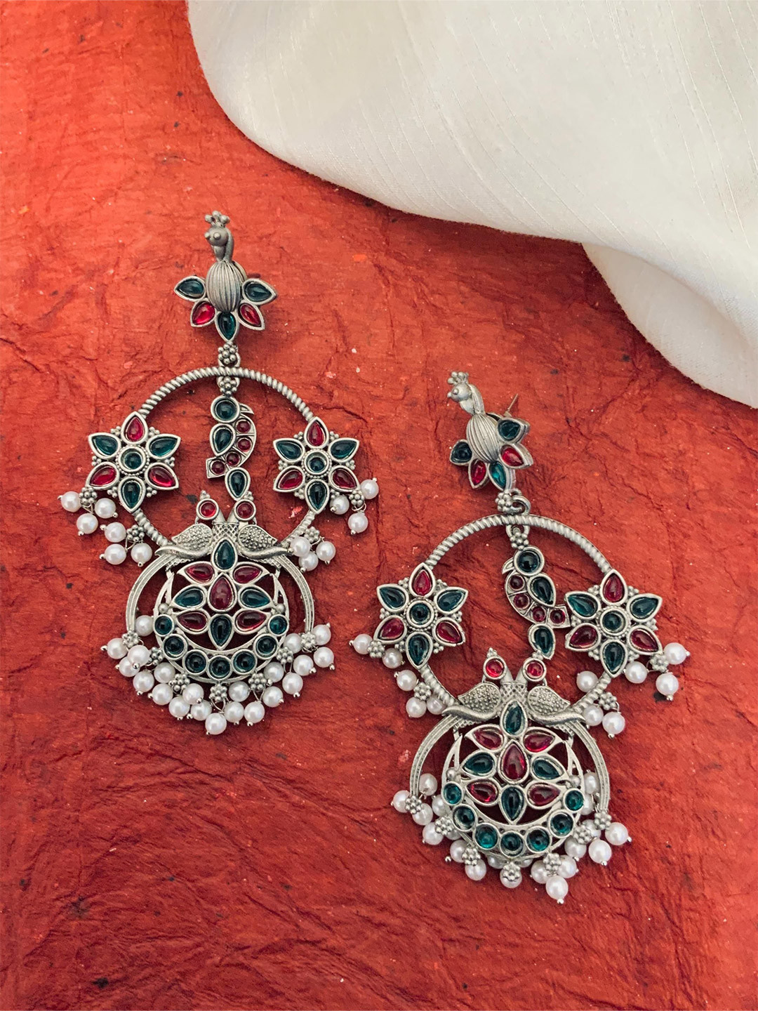 Anouk German Silver-Plated Stones Studded & Pearls Beaded Peacock Chandelier Drop Earrings