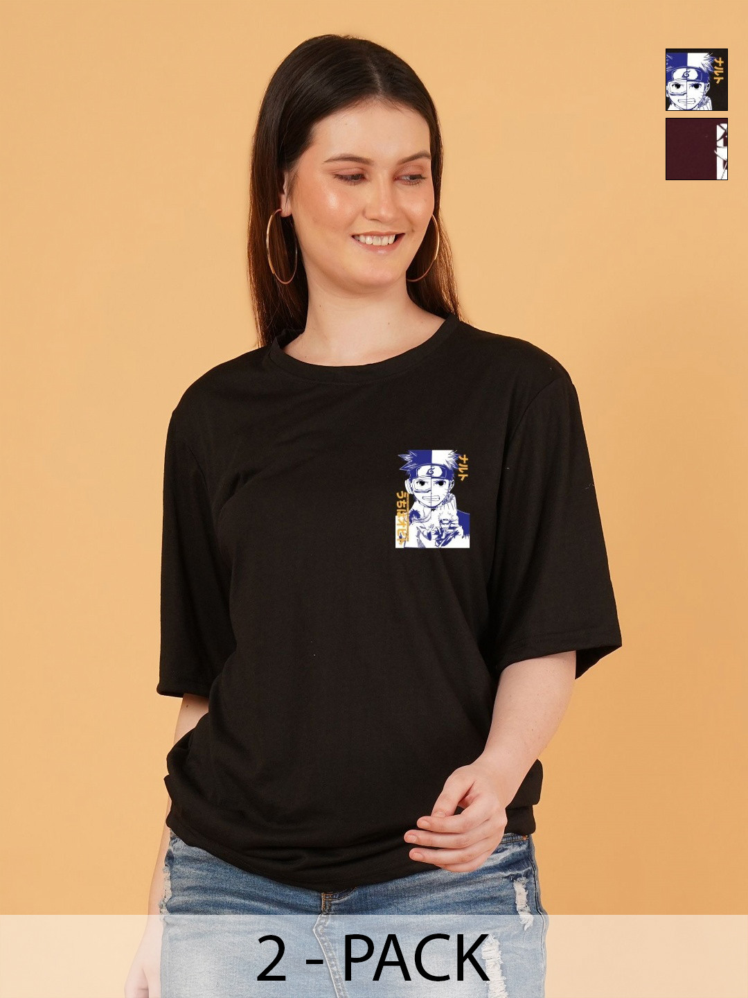 Kushi Flyer Women Pack of 2 Naruto Anime Printed Round Neck T-shirts