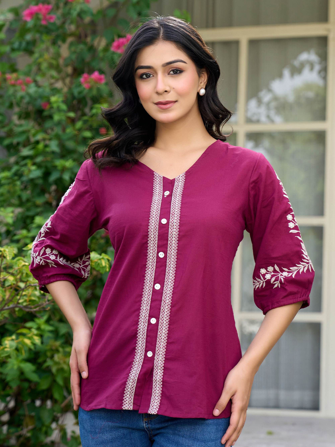 GHUMMAN SONAKSHI Ethnic Motifs Embroidered V-Neck Puff Sleeve Pure Cotton Shirt Style Top