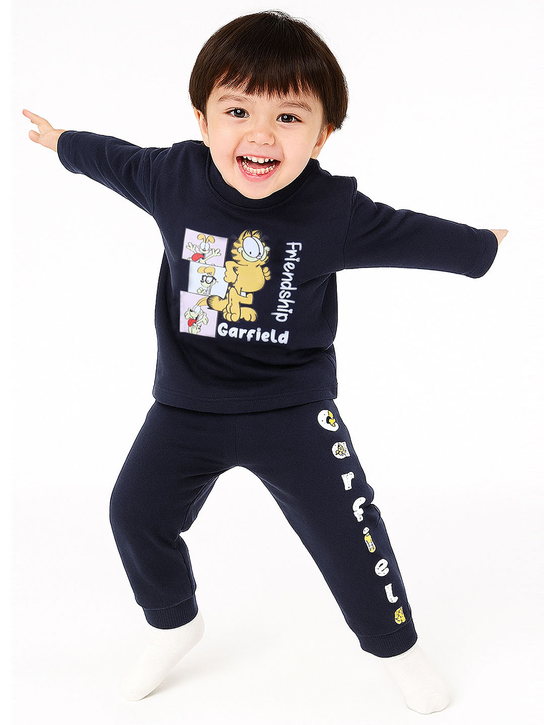 Happy Faces Boys Garfield Printed Pure Cotton T-shirt with Trousers
