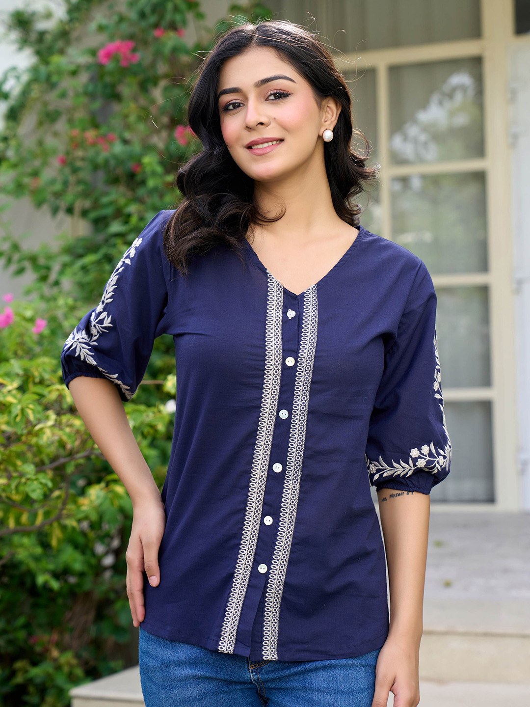 GHUMMAN SONAKSHI Women Floral Embroidered Puff Sleeve Cotton Top